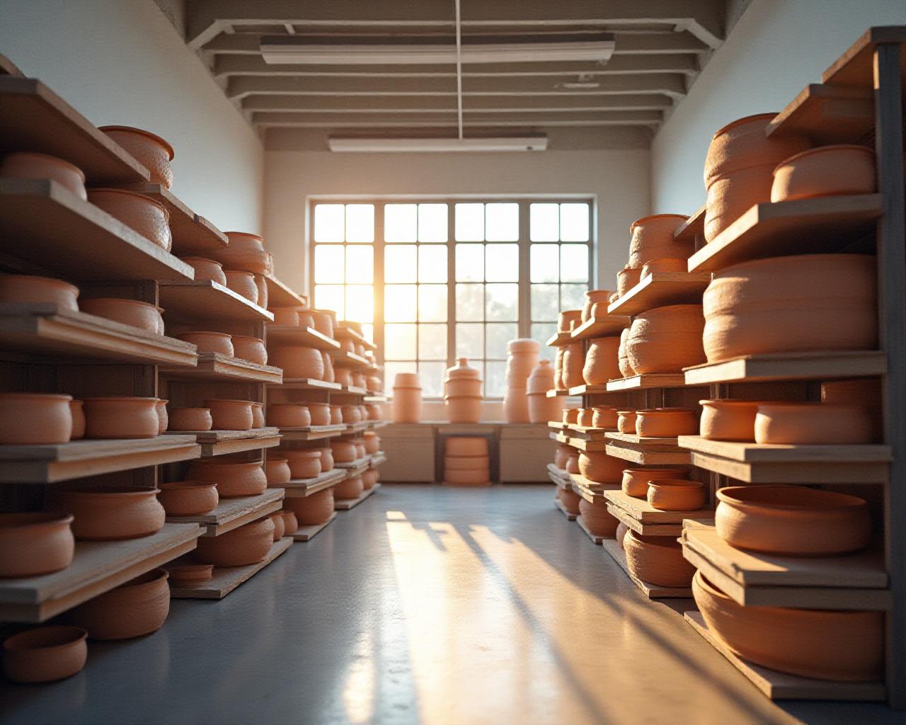 Modern and clean pottery manufacturing studio featuring industrial kilns and crafted ceramics