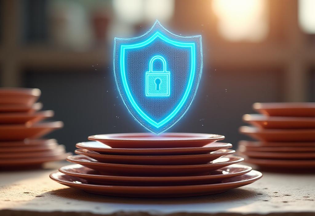 Secure data protection icon over a ceramic kiln background
