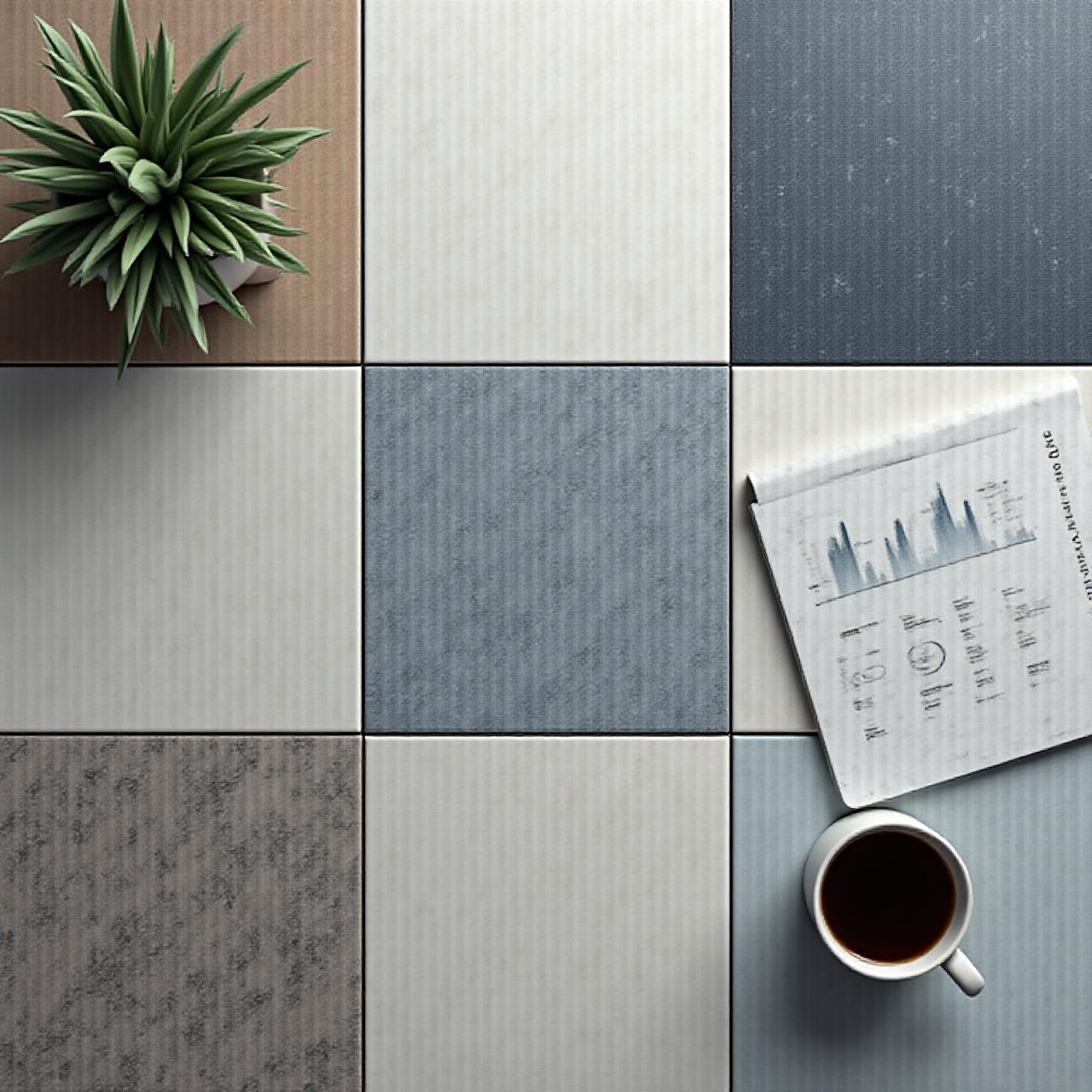 Close-up of high-quality architectural ceramic tiles and market analysis reports